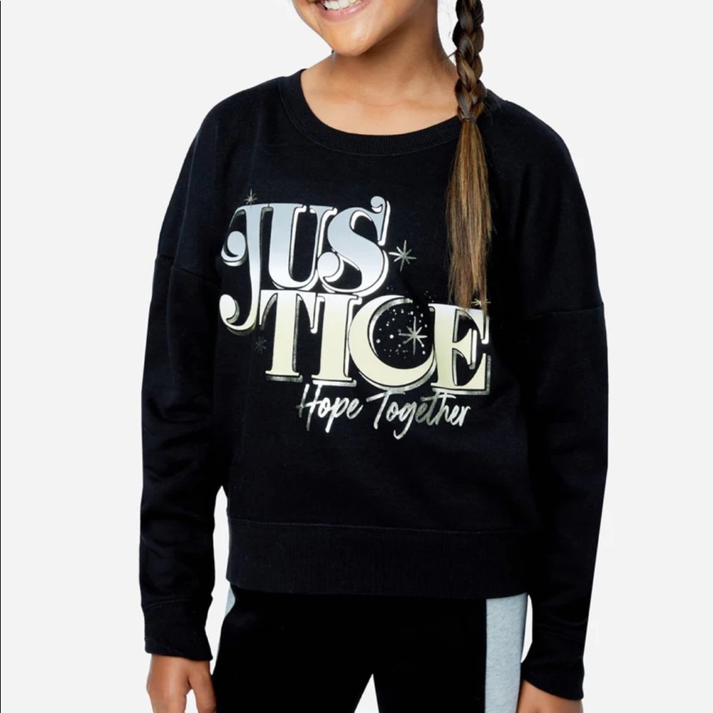 NWT JUSTICE GIRLS MED 10 BLACK GRAPHIC CREWNECK SWEATSHIRT HOPE TOGETHER